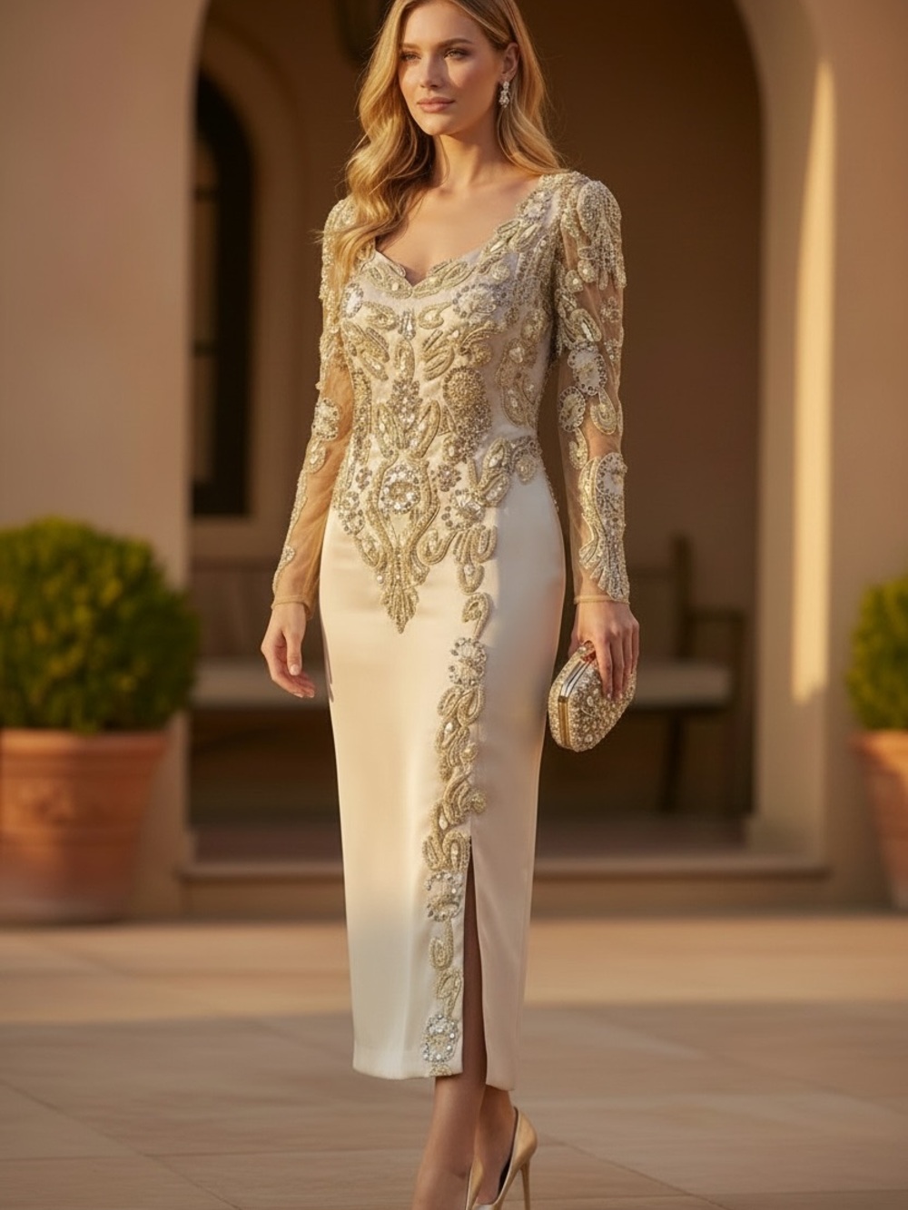 JOVANI Cream Midi Dress with Gold Embellishment